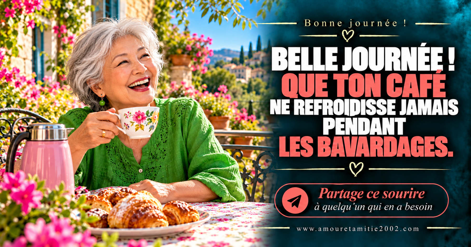 Belle journée ! Que ton café ne refroidisse jamais pendant les bavardages.