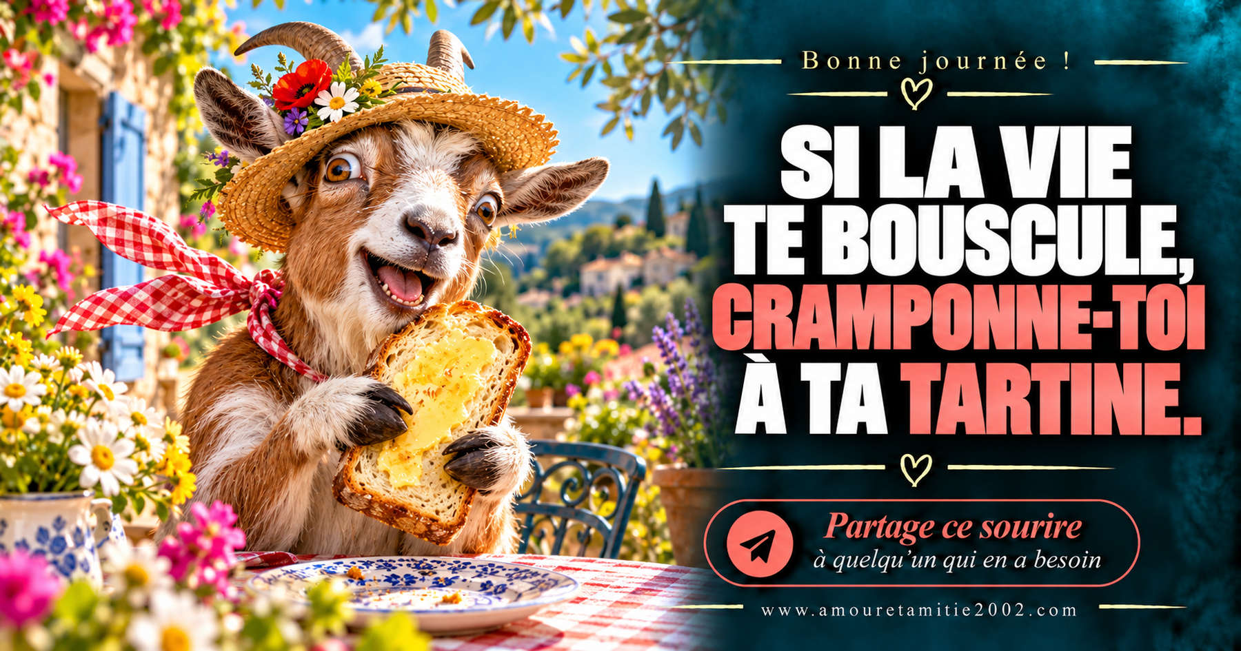 Bonne journée ! Si la vie te bouscule, cramponne-toi à ta tartine.