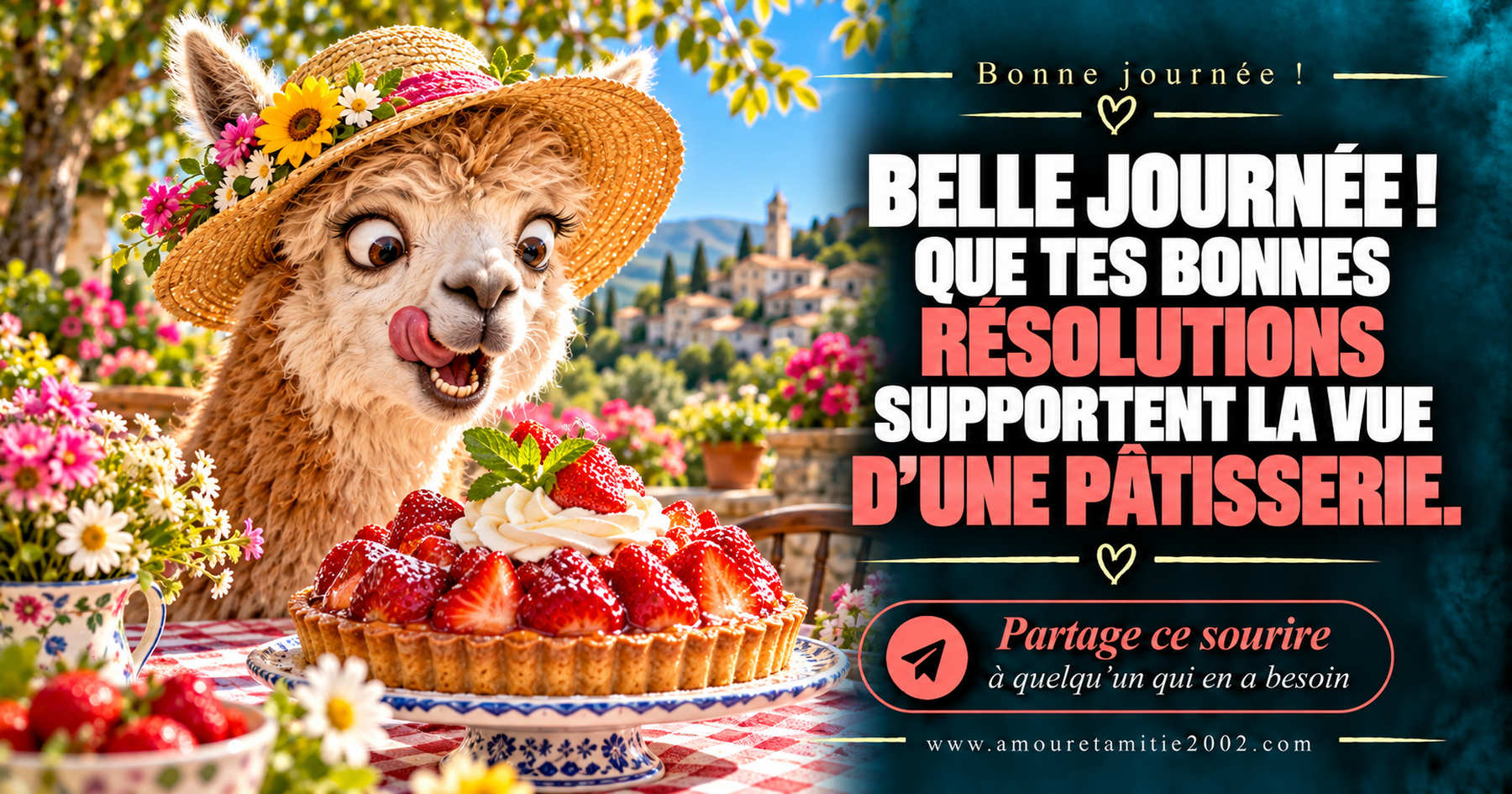 Belle journée ! Que tes bonnes résolutions supportent la vue d’une pâtisserie.