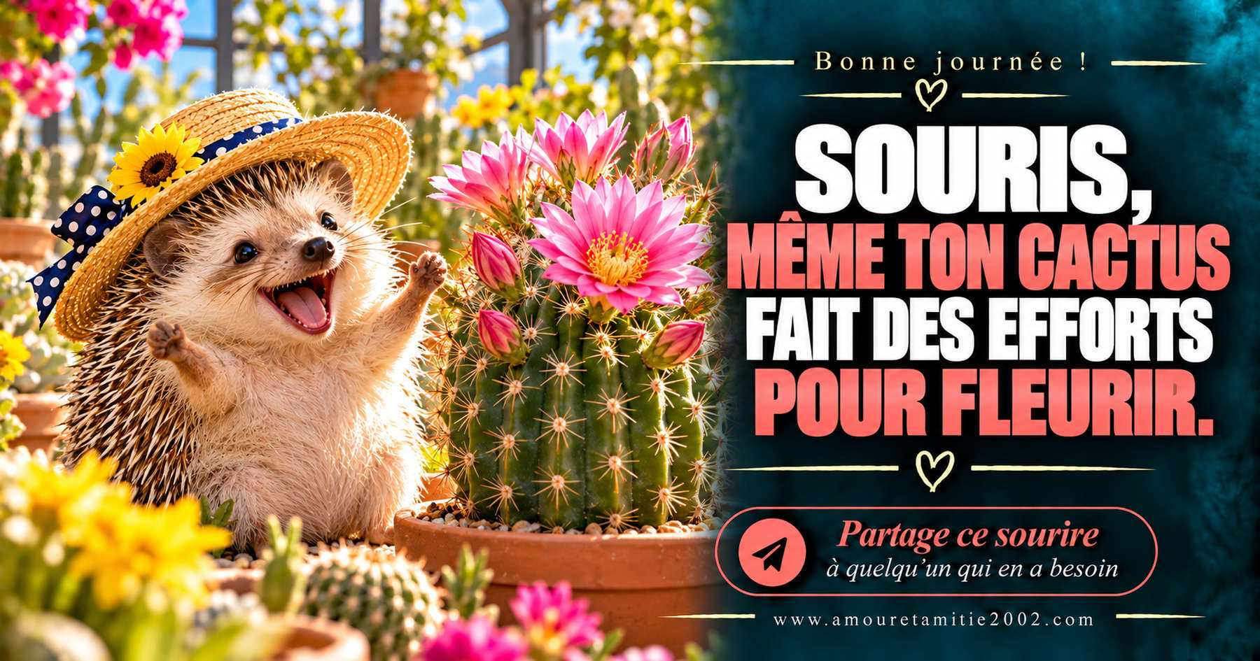 Bonne journée ! Souris, même ton cactus fait des efforts pour fleurir.