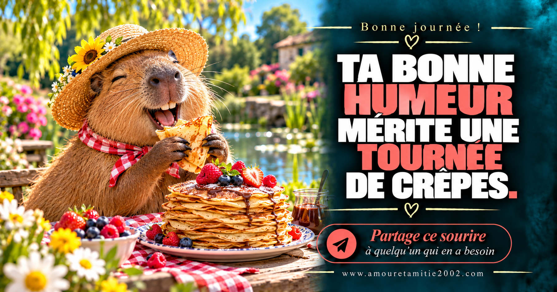 Bonne journée ! Ta bonne humeur mérite une tournée de crêpes.