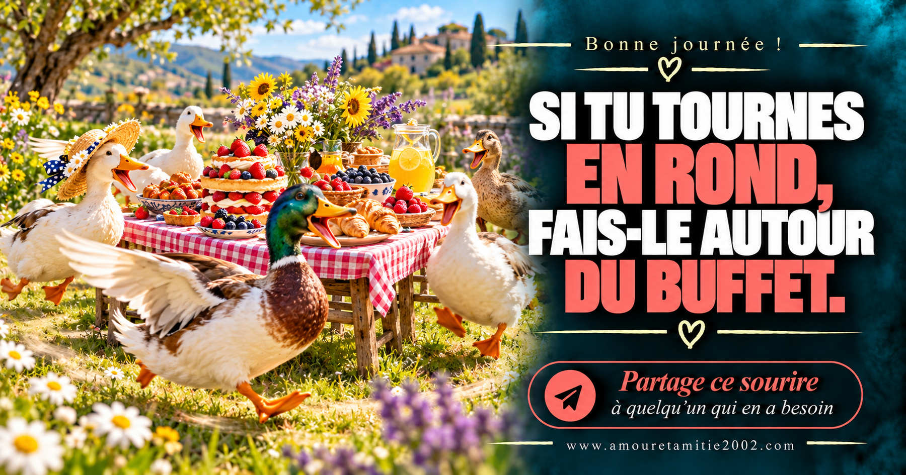 Bonne journée ! Si tu tournes en rond, fais-le autour du buffet.