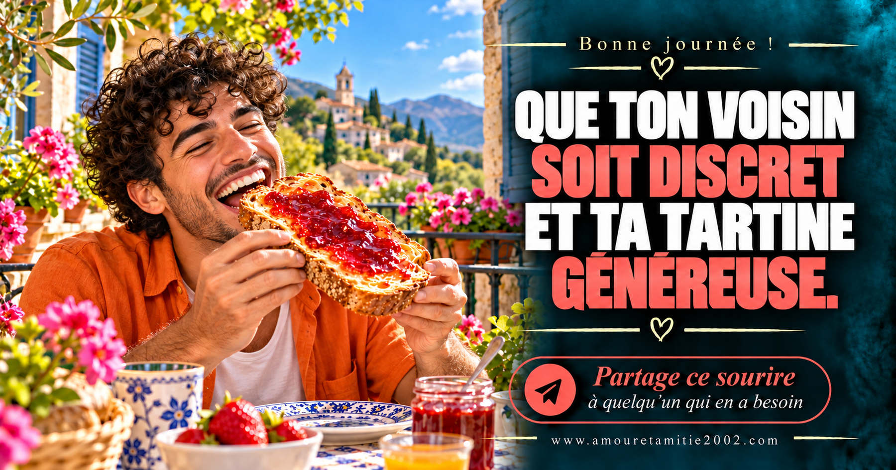 Bonne journée ! Que ton voisin soit discret et ta tartine généreuse.