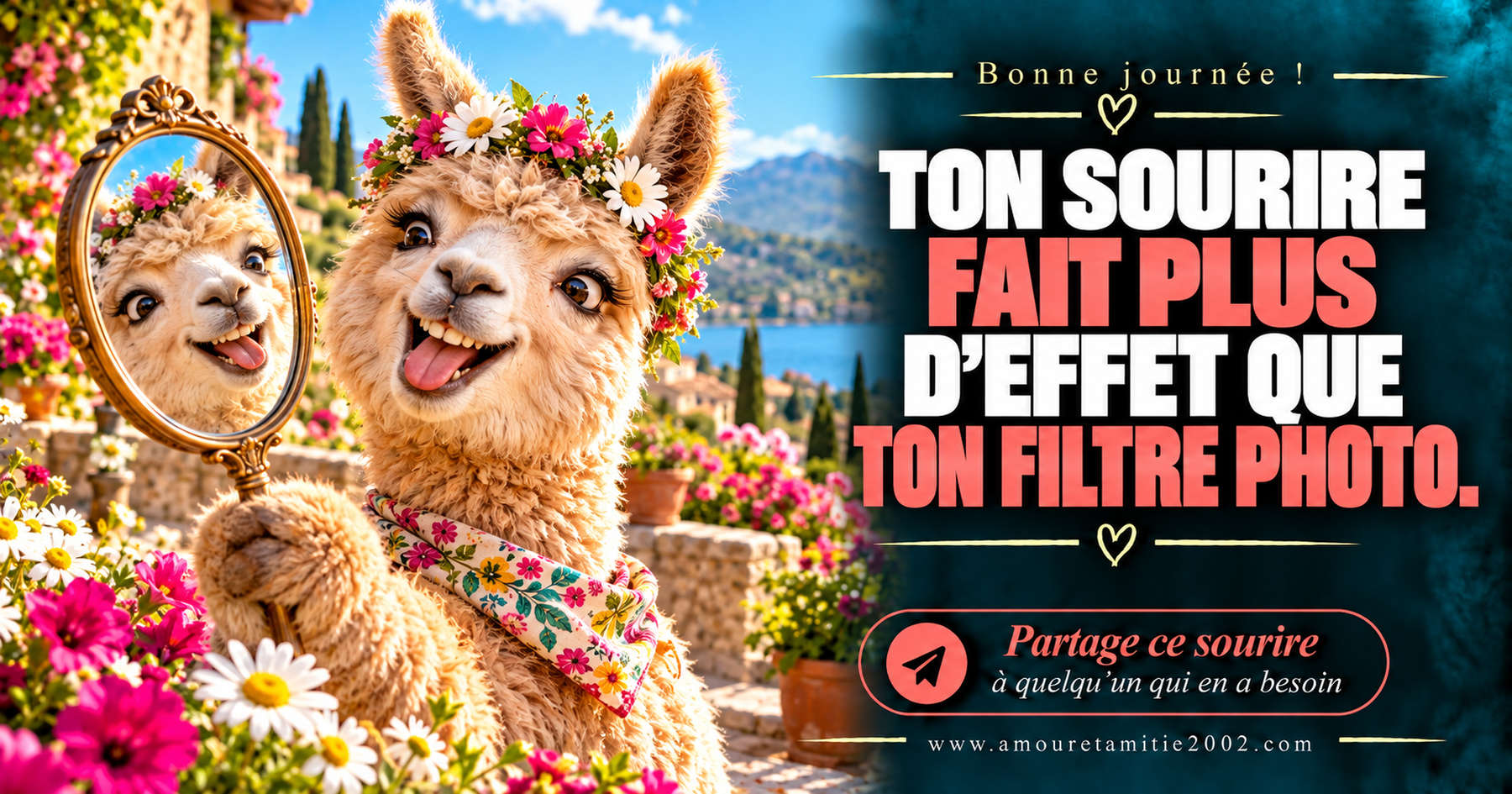 Bonne journée ! Ton sourire fait plus d’effet que ton filtre photo.