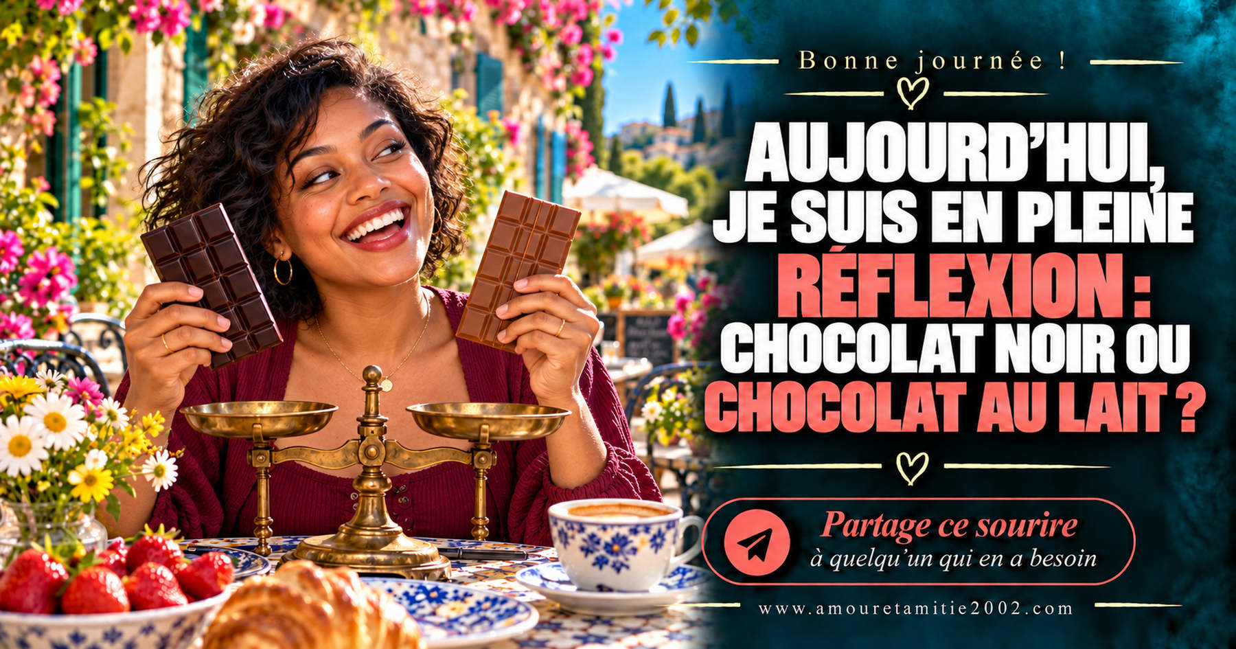 Aujourd’hui, je suis en pleine réflexion : chocolat noir ou chocolat au lait ?