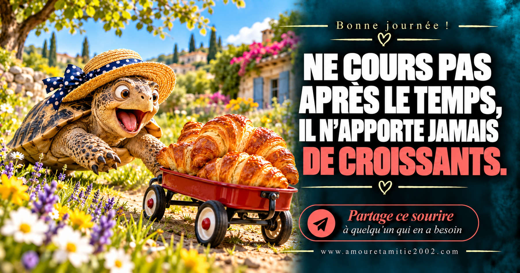 Bonne journée ! Ne cours pas après le temps, il n’apporte jamais de croissants.