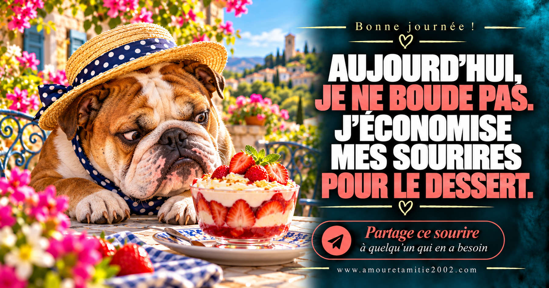 Aujourd’hui, je ne boude pas. J’économise mes sourires pour le dessert.