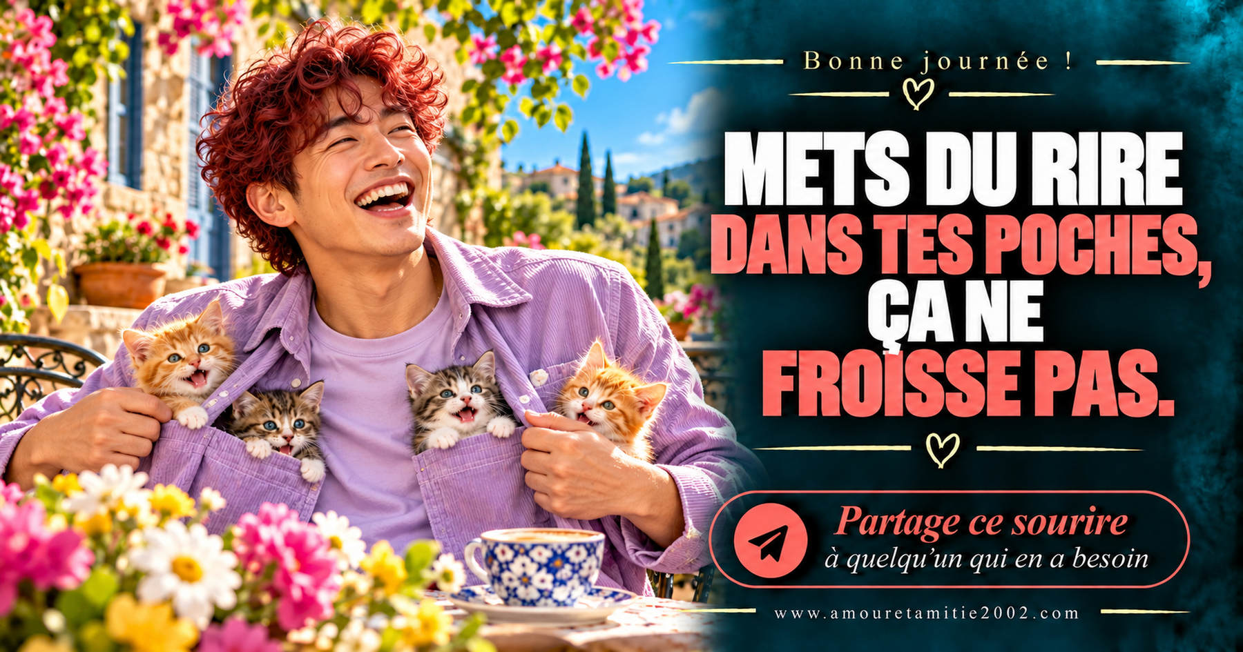 Bonne journée ! Mets du rire dans tes poches, ça ne froisse pas.