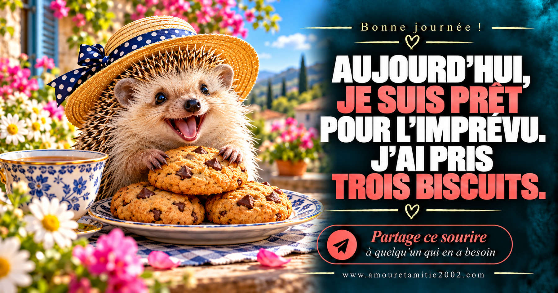 Aujourd’hui, je suis prêt pour l’imprévu. J’ai pris trois biscuits.