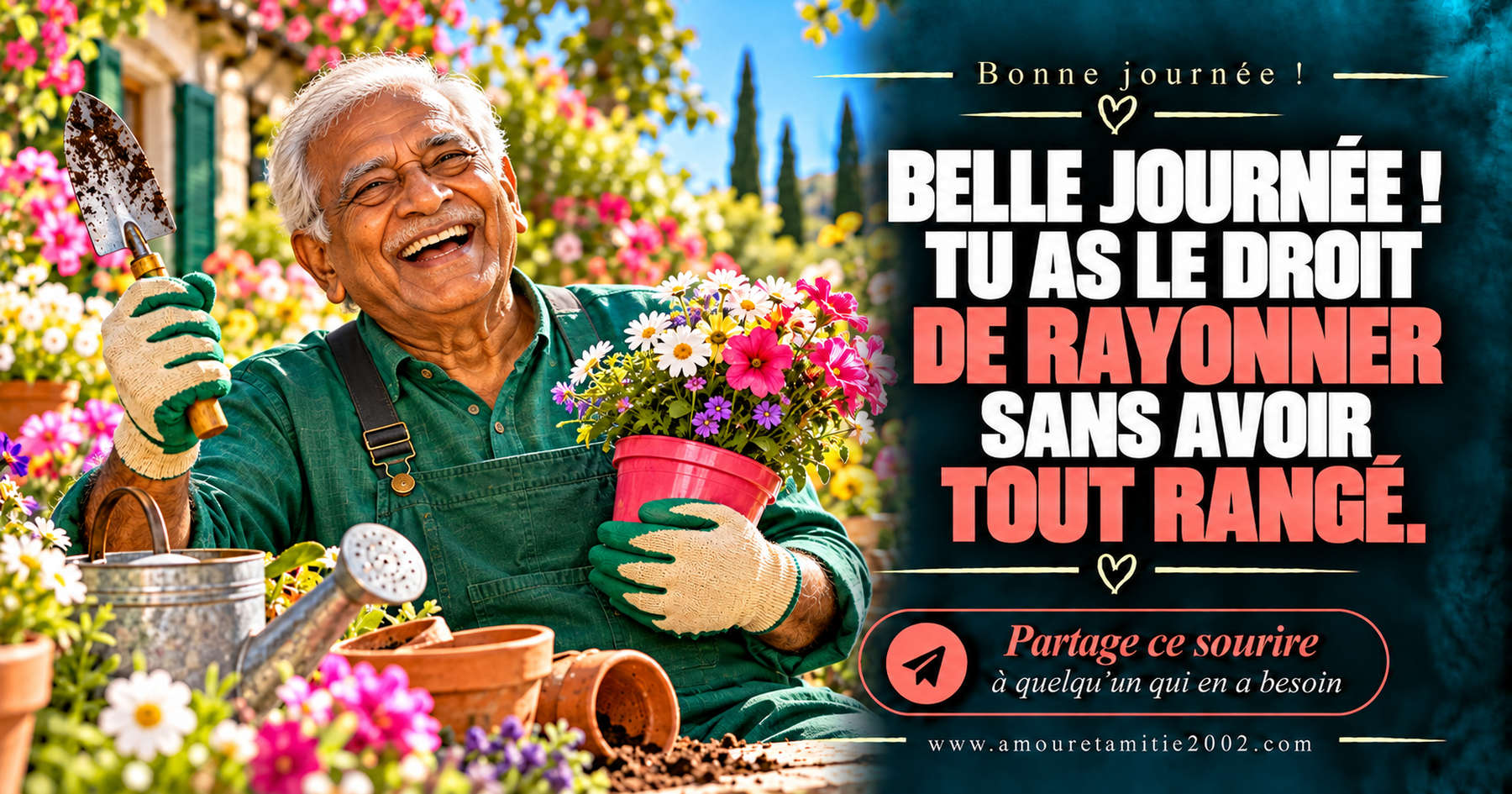Belle journée ! Tu as le droit de rayonner sans avoir tout rangé.
