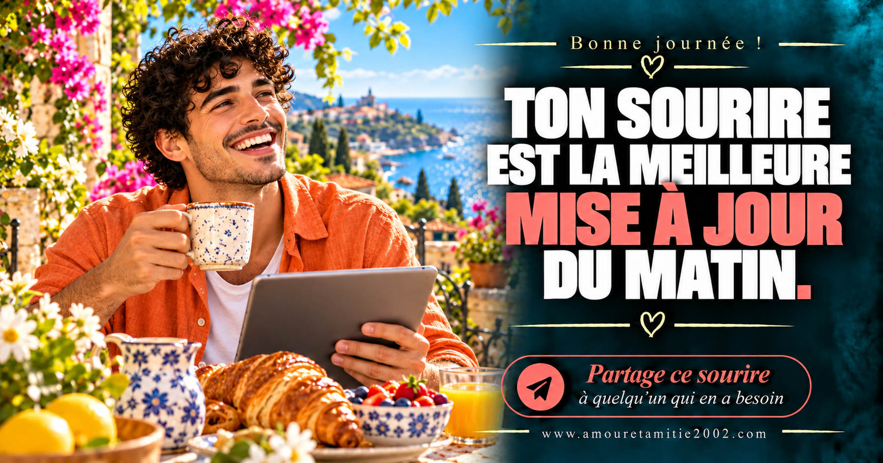 Bonne journée ! Ton sourire est la meilleure mise à jour du matin.