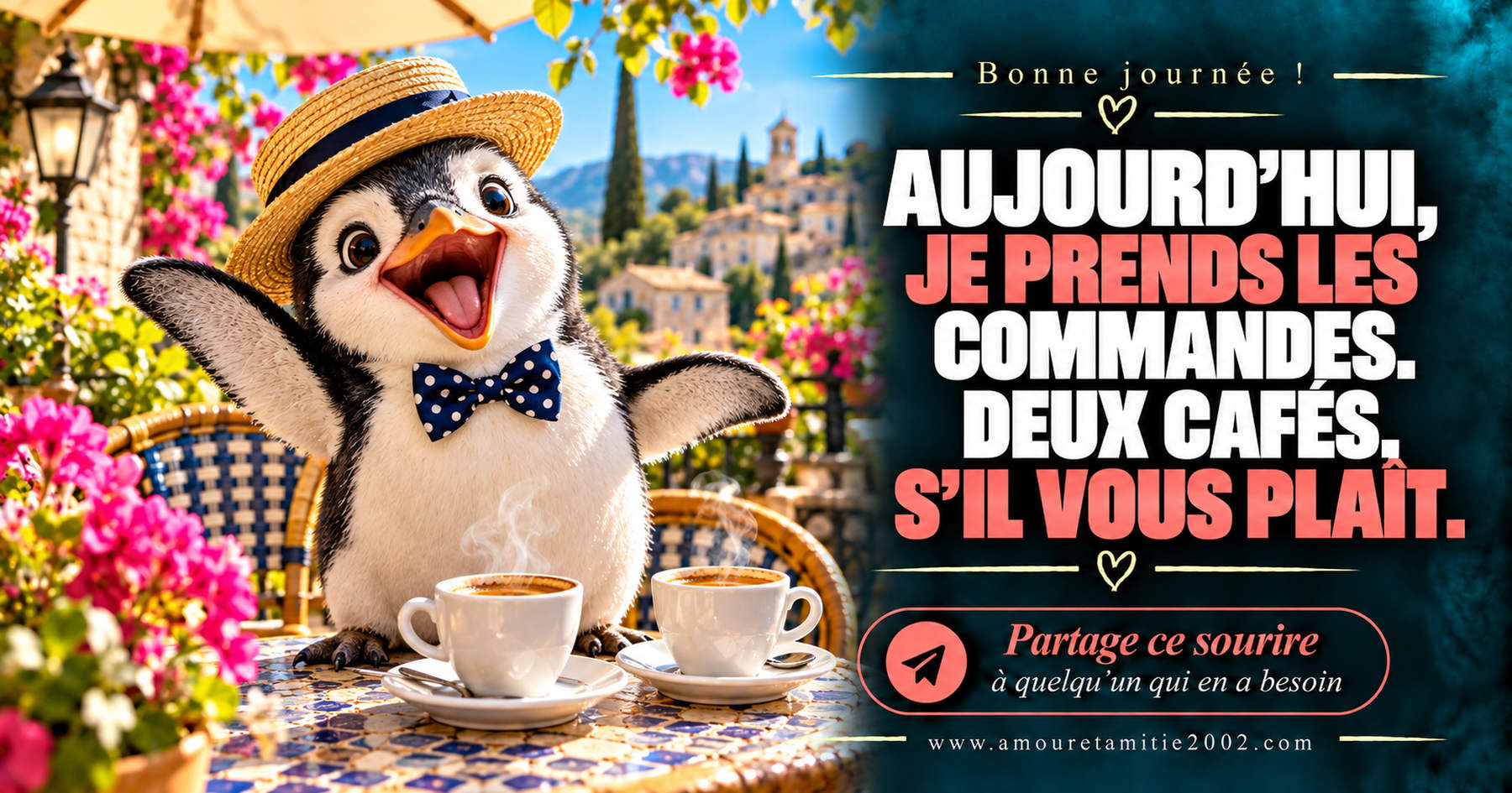 Aujourd’hui, je prends les commandes. Deux cafés, s’il vous plaît.