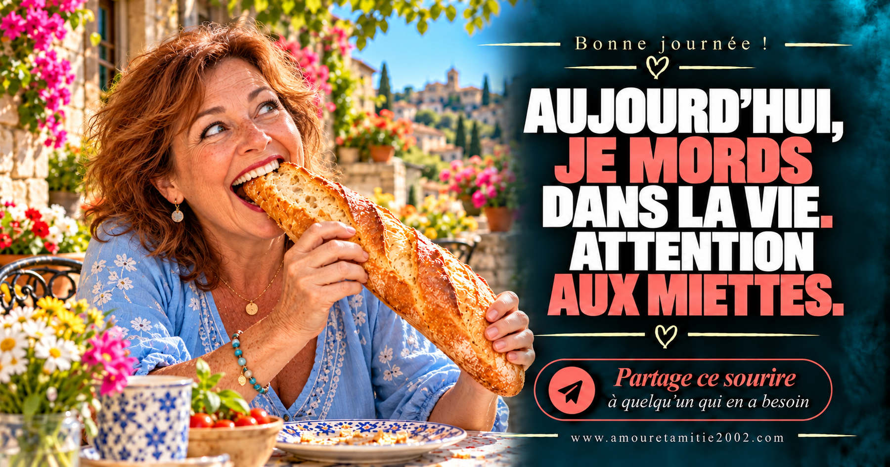 Aujourd’hui, je mords dans la vie. Attention aux miettes.