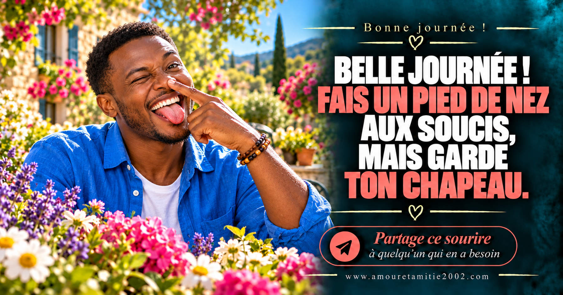 Belle journée ! Fais un pied de nez aux soucis, mais garde ton chapeau.