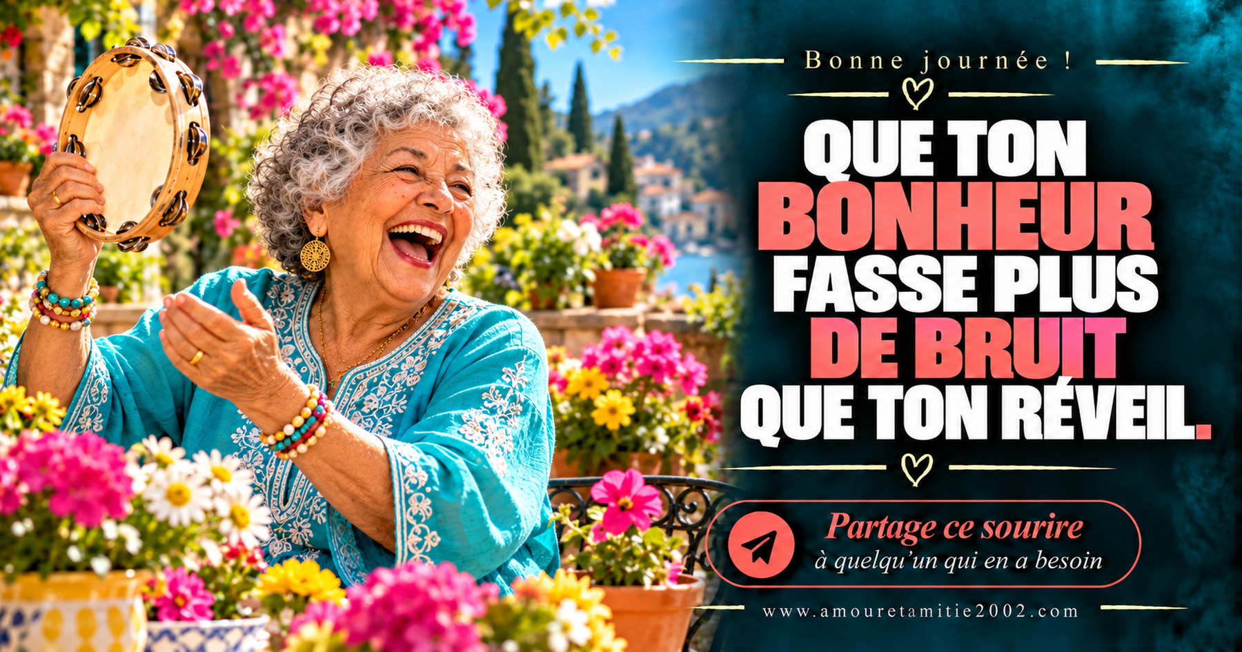 Bonne journée ! Que ton bonheur fasse plus de bruit que ton réveil.