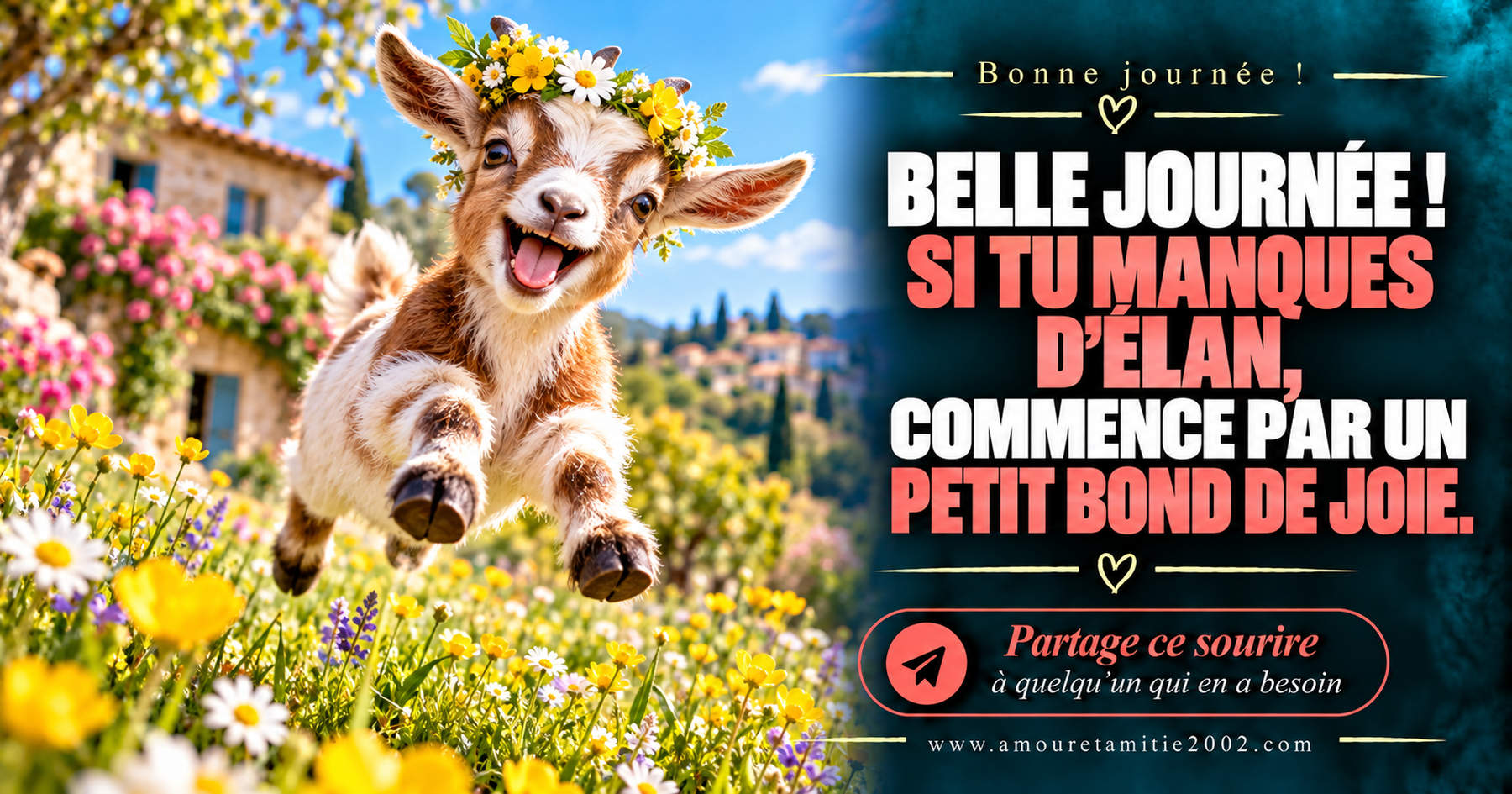 Belle journée ! Si tu manques d’élan, commence par un petit bond de joie.