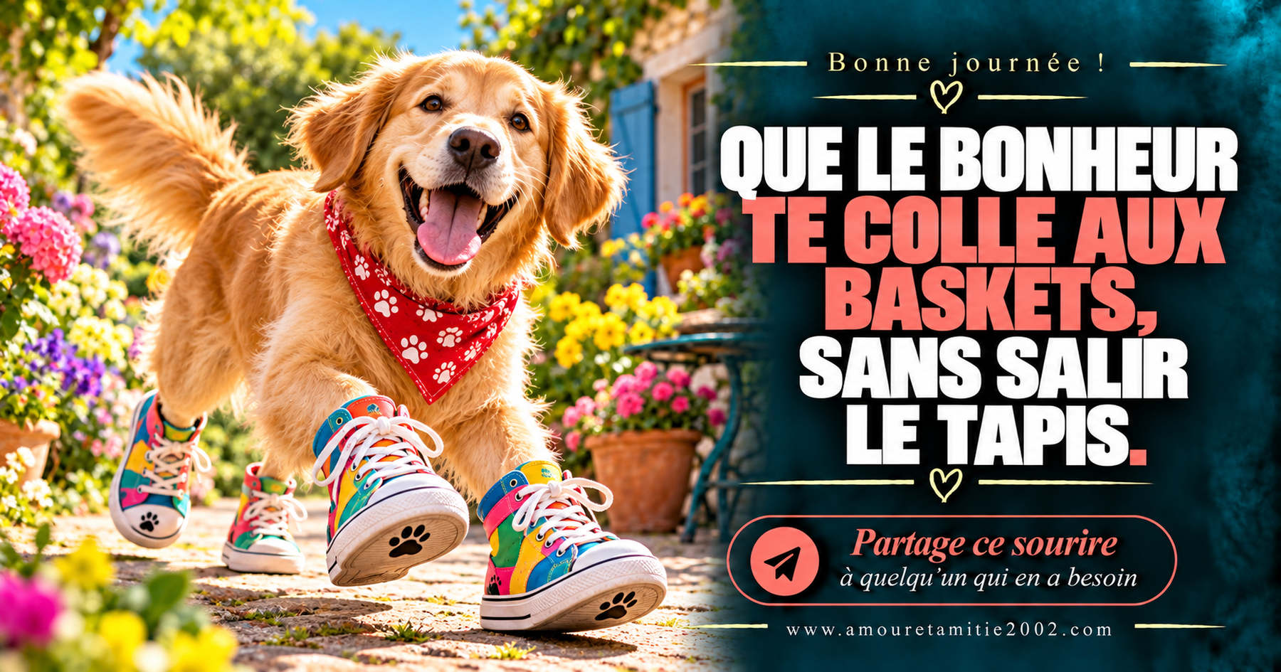 Bonne journée ! Que le bonheur te colle aux baskets, sans salir le tapis.