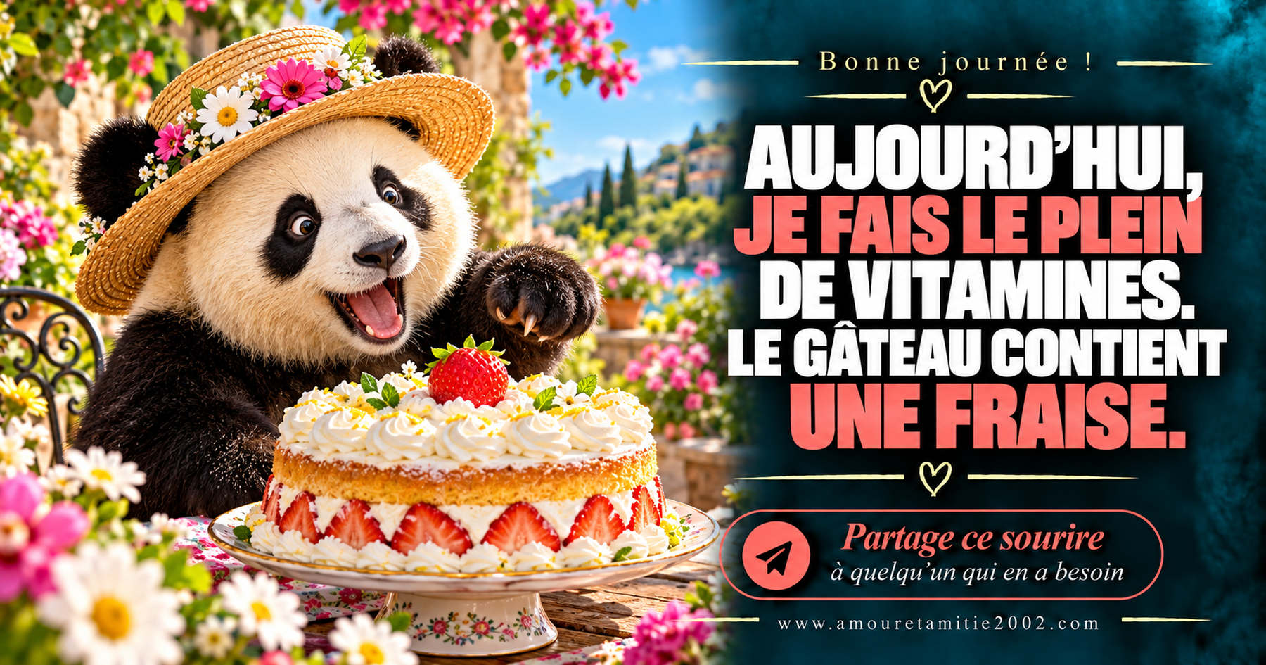 Aujourd’hui, je fais le plein de vitamines. Le gâteau contient une fraise.