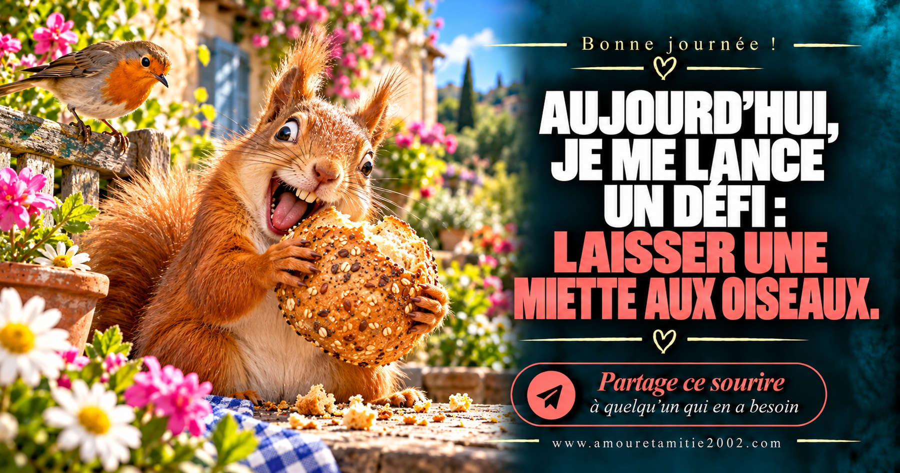 Aujourd’hui, je me lance un défi : laisser une miette aux oiseaux.
