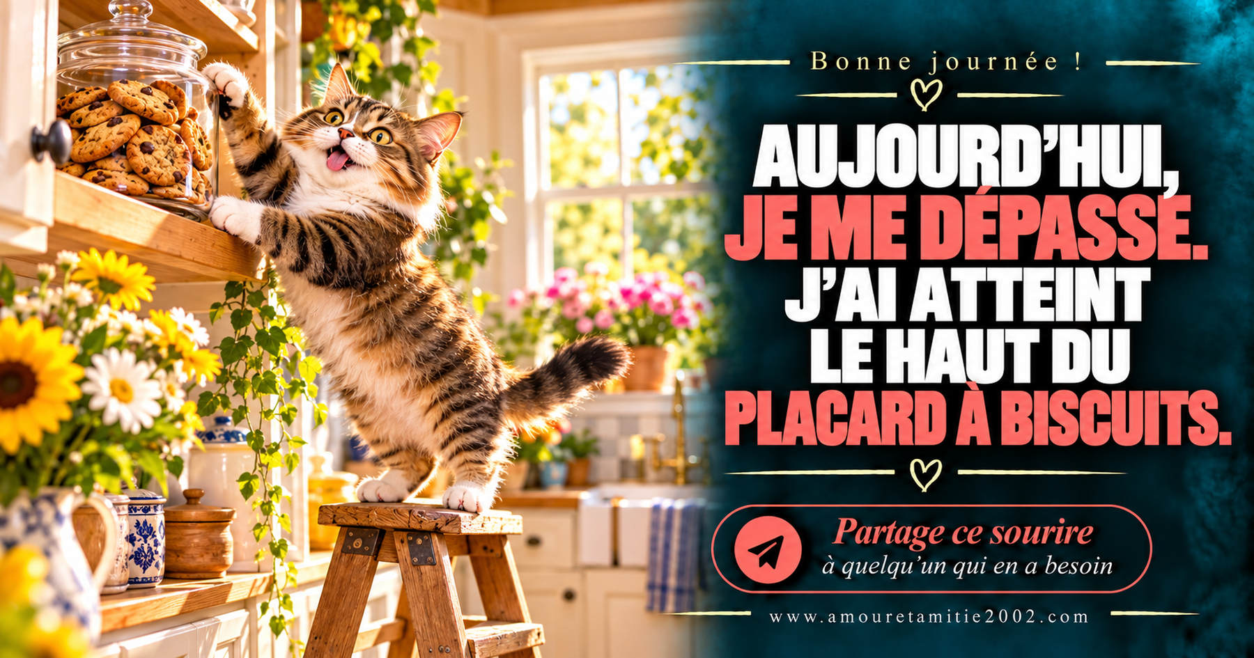 Aujourd’hui, je me dépasse. J’ai atteint le haut du placard à biscuits.