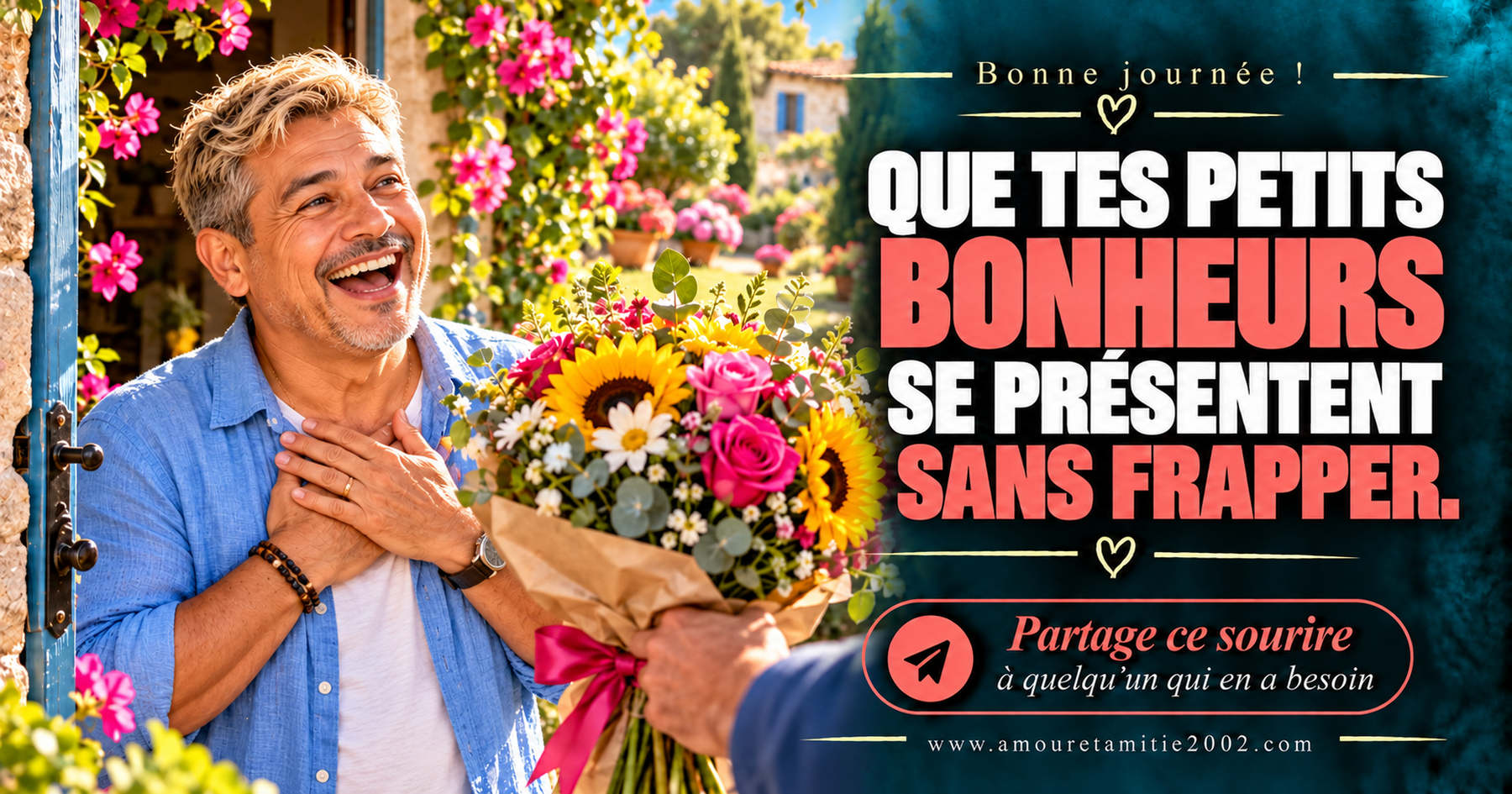 Bonne journée ! Que tes petits bonheurs se présentent sans frapper.