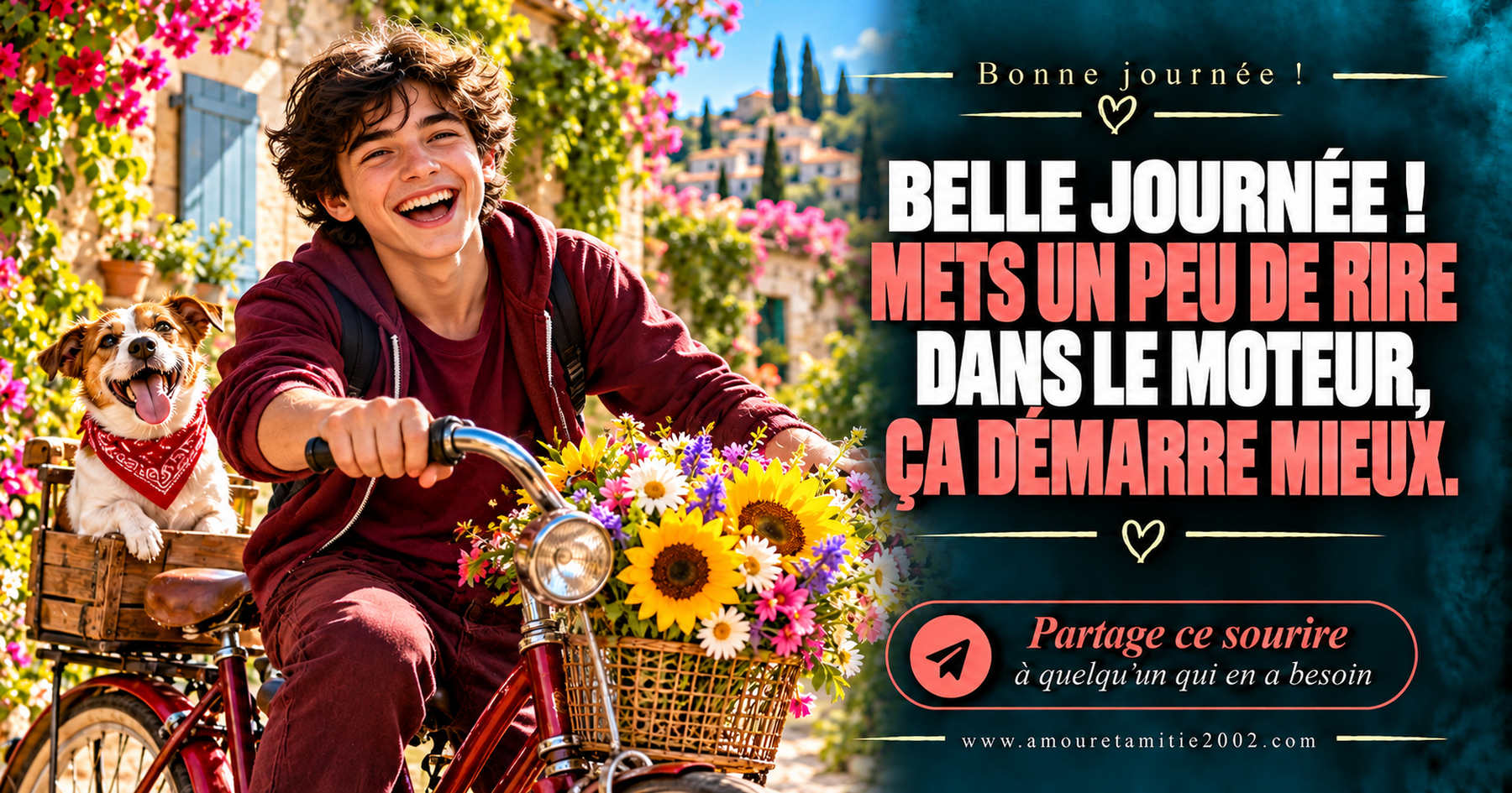 Belle journée ! Mets un peu de rire dans le moteur, ça démarre mieux.
