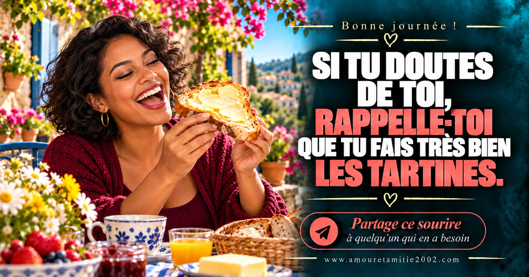 Bonne journée ! Si tu doutes de toi, rappelle-toi que tu fais très bien les tartines.