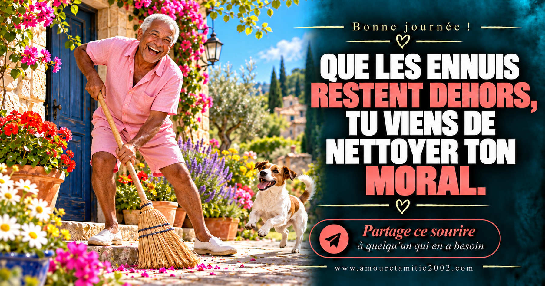 Bonne journée ! Que les ennuis restent dehors, tu viens de nettoyer ton moral.