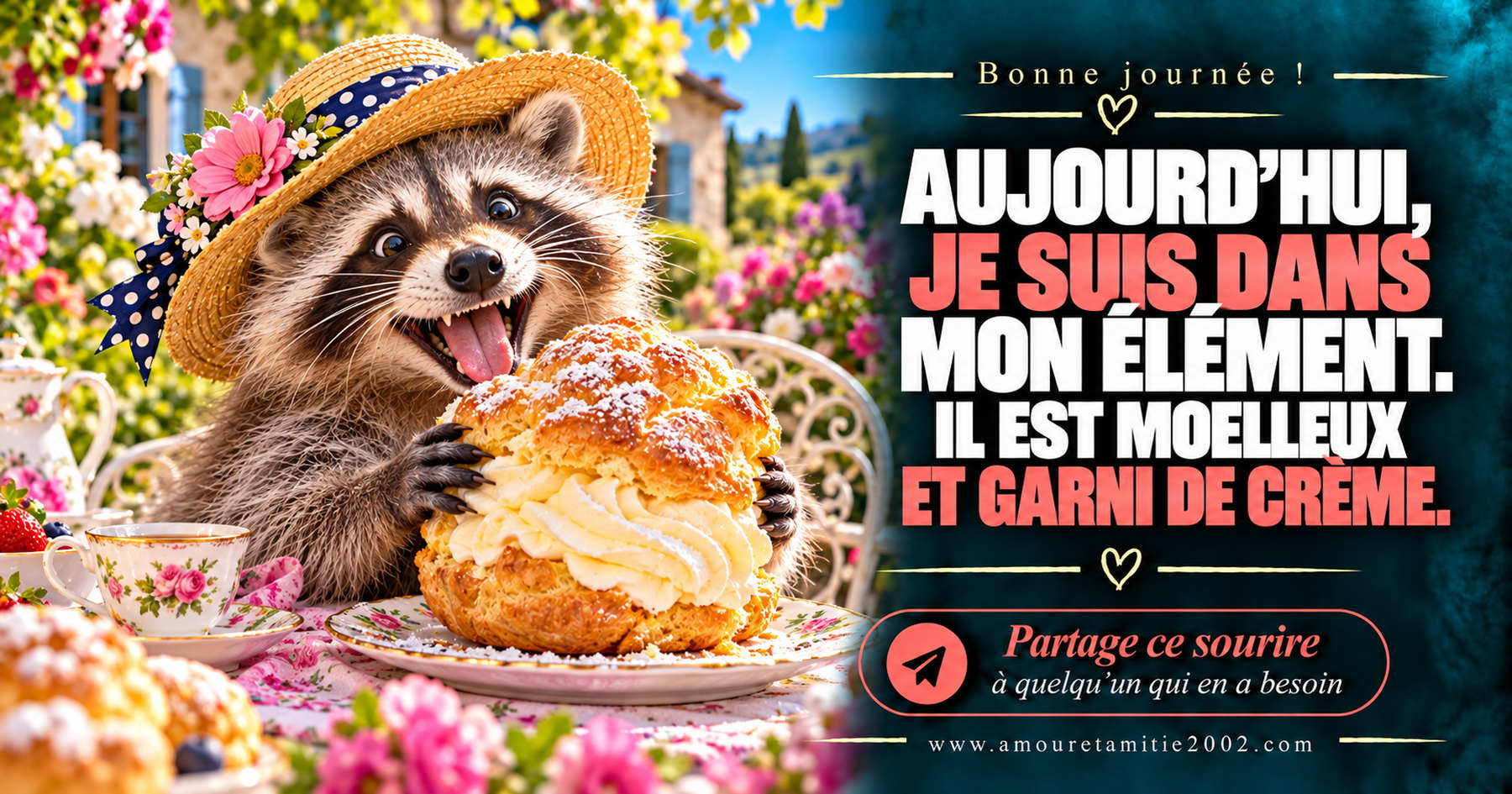 Aujourd’hui, je suis dans mon élément. Il est moelleux et garni de crème.
