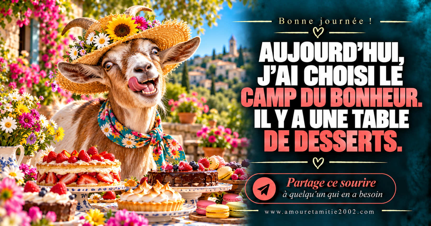 Aujourd’hui, j’ai choisi le camp du bonheur. Il y a une table de desserts.
