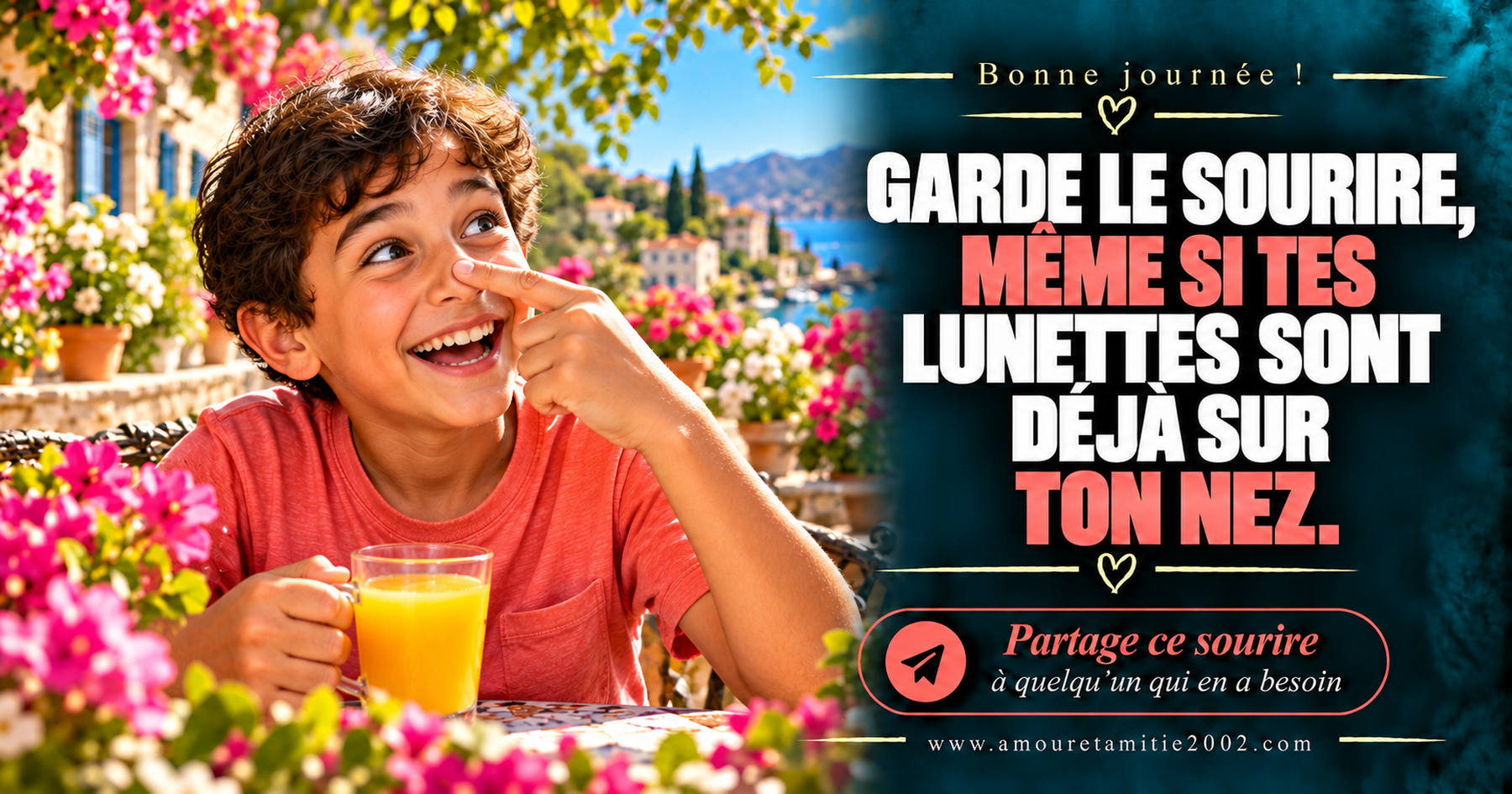 Belle journée ! Garde le sourire, même si tes lunettes sont déjà sur ton nez.