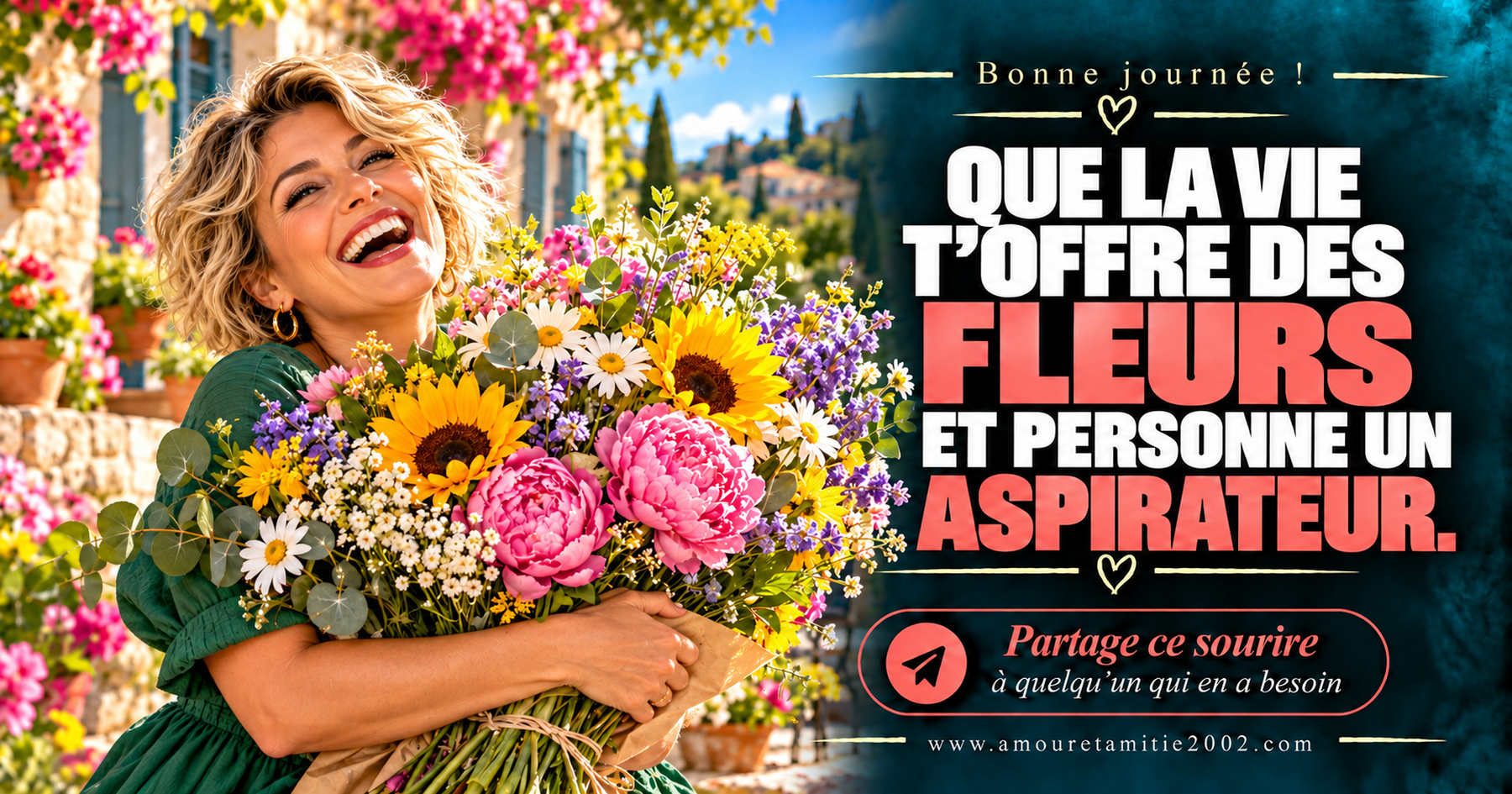 Bonne journée ! Que la vie t’offre des fleurs et personne un aspirateur.