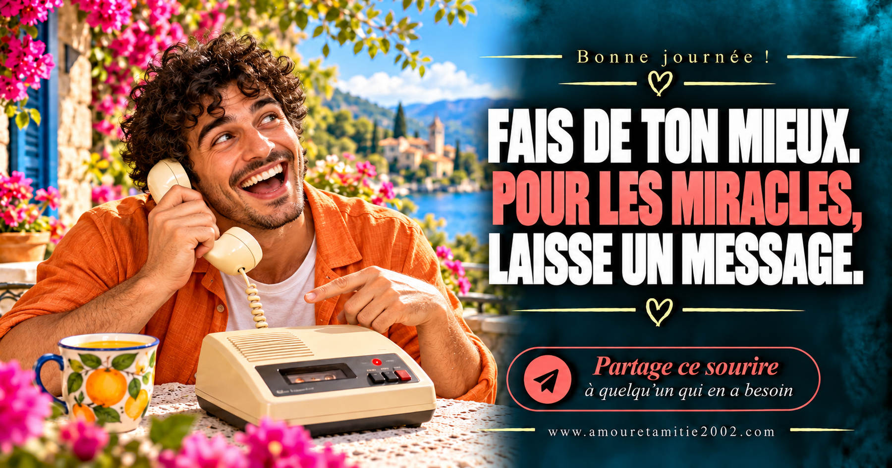 Bonne journée ! Fais de ton mieux. Pour les miracles, laisse un message.