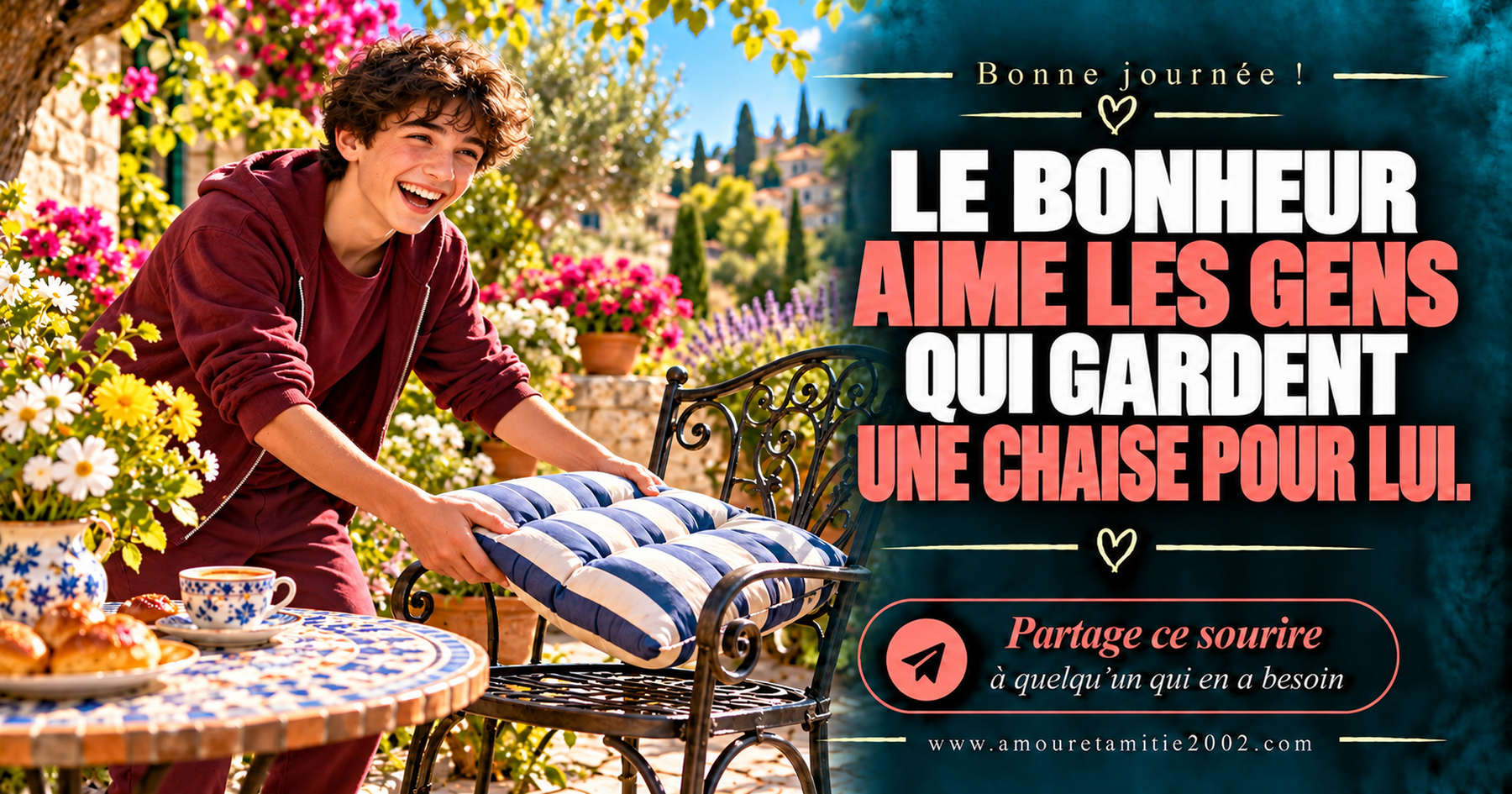 Bonne journée ! Le bonheur aime les gens qui gardent une chaise pour lui.