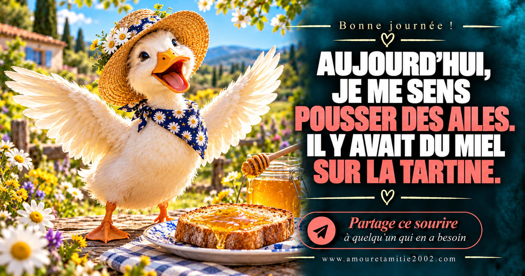 Aujourd’hui, je me sens pousser des ailes. Il y avait du miel sur la tartine.