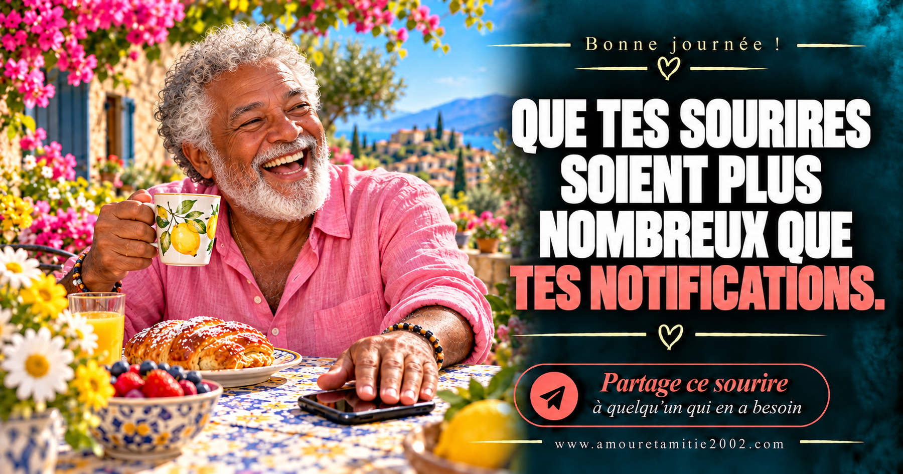 Bonne journée ! Que tes sourires soient plus nombreux que tes notifications.