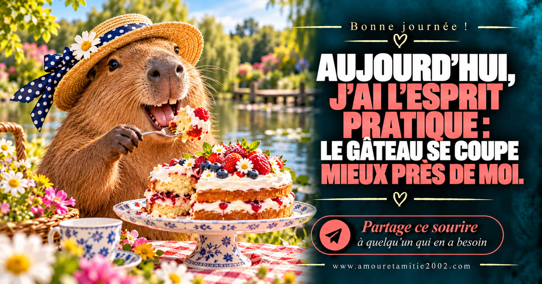 Aujourd’hui, j’ai l’esprit pratique : le gâteau se coupe mieux près de moi.