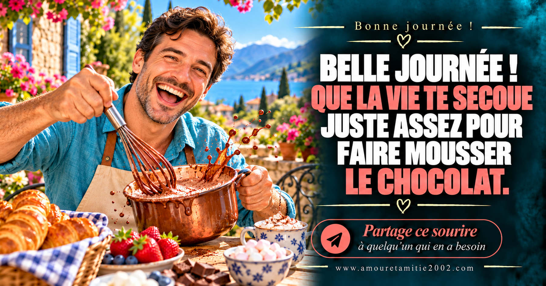 Belle journée ! Que la vie te secoue juste assez pour faire mousser le chocolat.