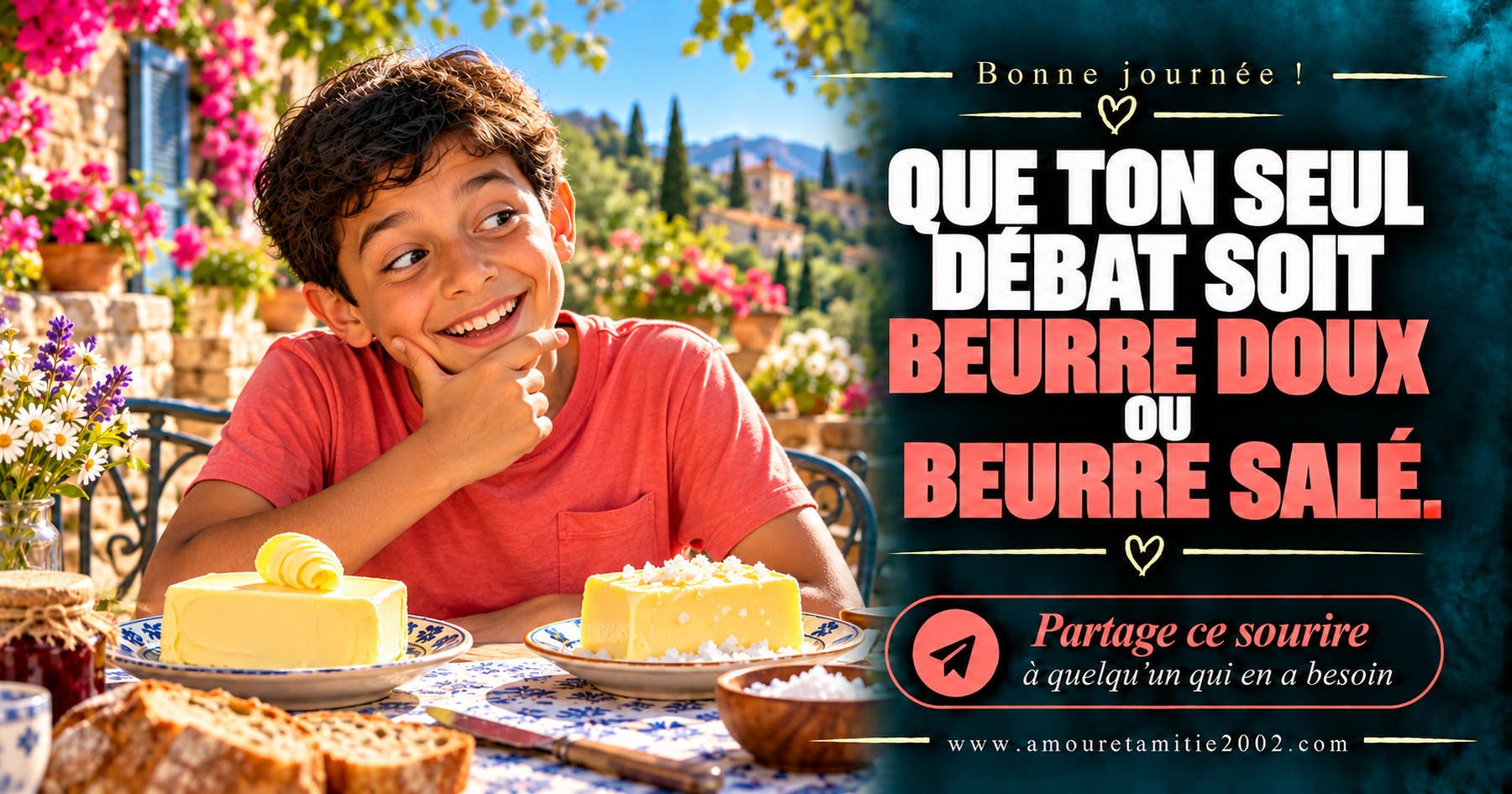 Bonne journée ! Que ton seul débat soit beurre doux ou beurre salé.