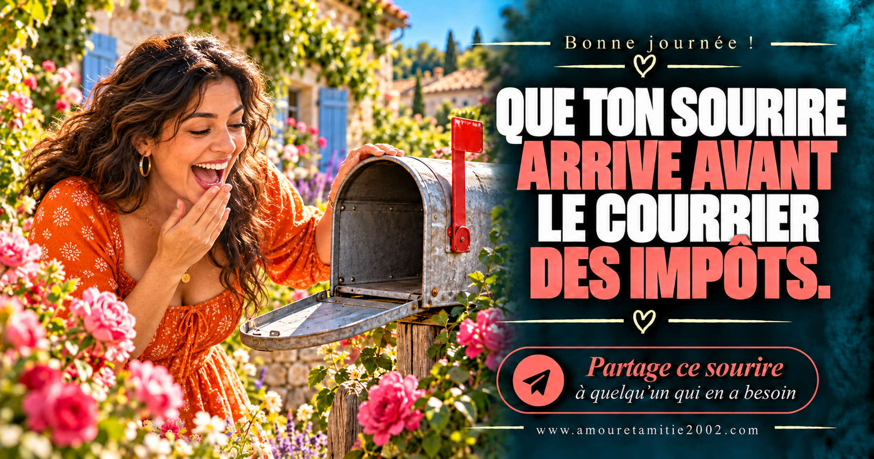 Bonne journée ! Que ton sourire arrive avant le courrier des impôts.