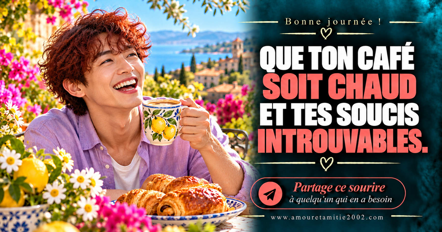 Bonne journée ! Que ton café soit chaud et tes soucis introuvables.