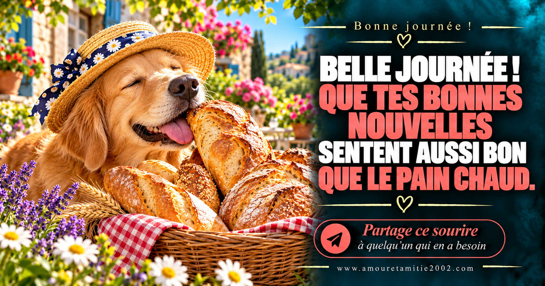 Belle journée ! Que tes bonnes nouvelles sentent aussi bon que le pain chaud.