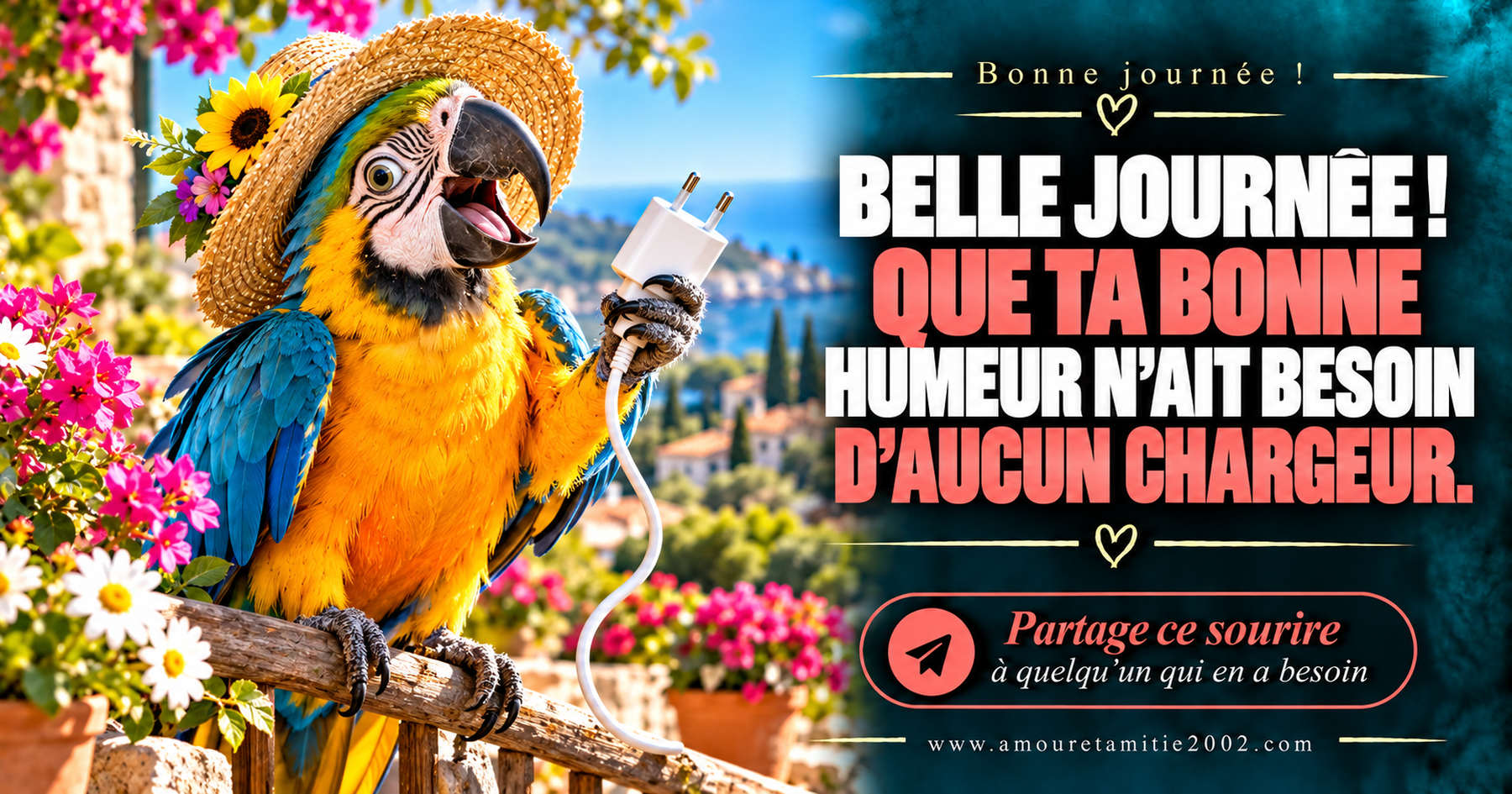 Belle journée ! Que ta bonne humeur n’ait besoin d’aucun chargeur.