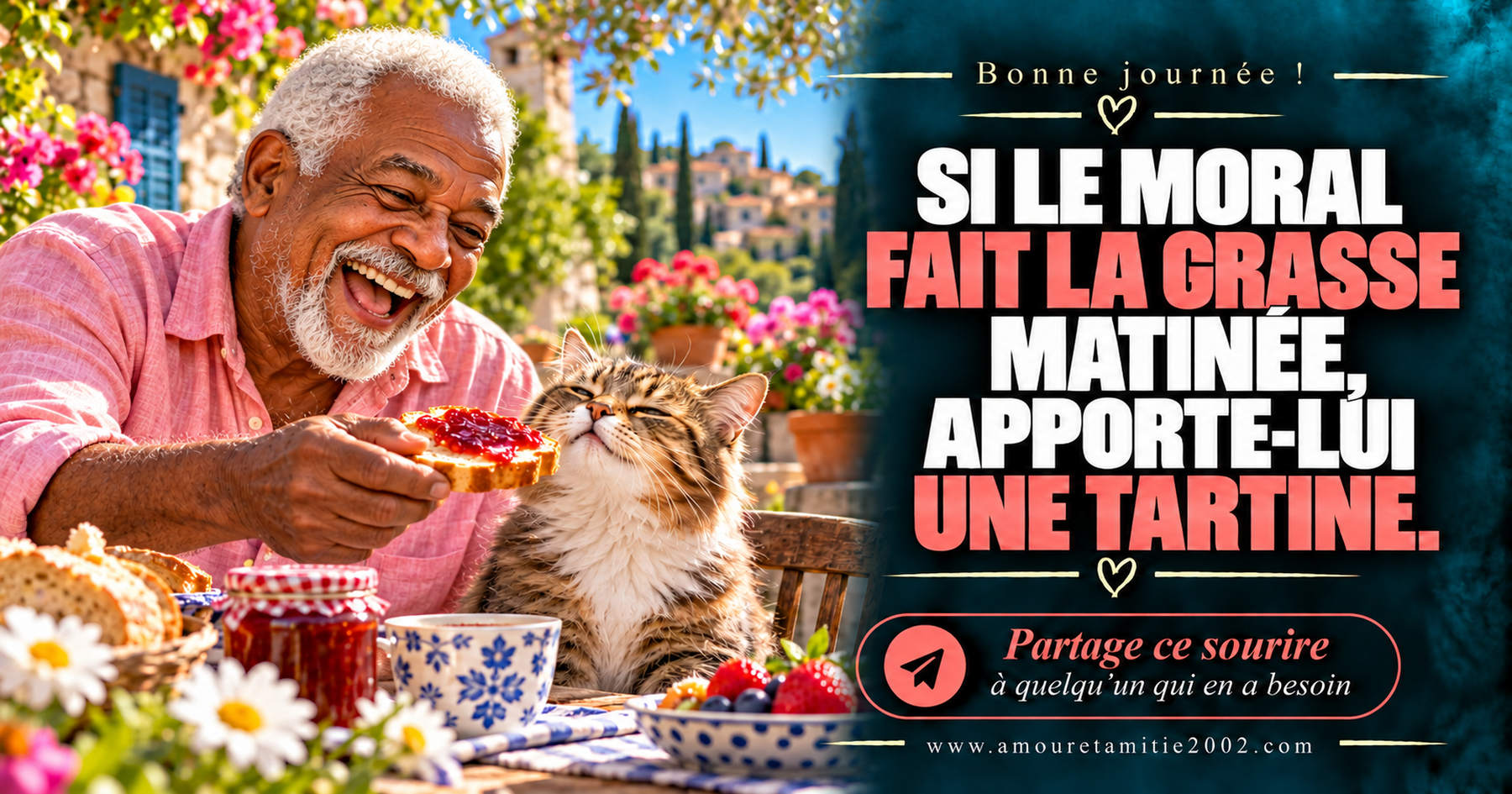 Bonne journée ! Si le moral fait la grasse matinée, apporte-lui une tartine.