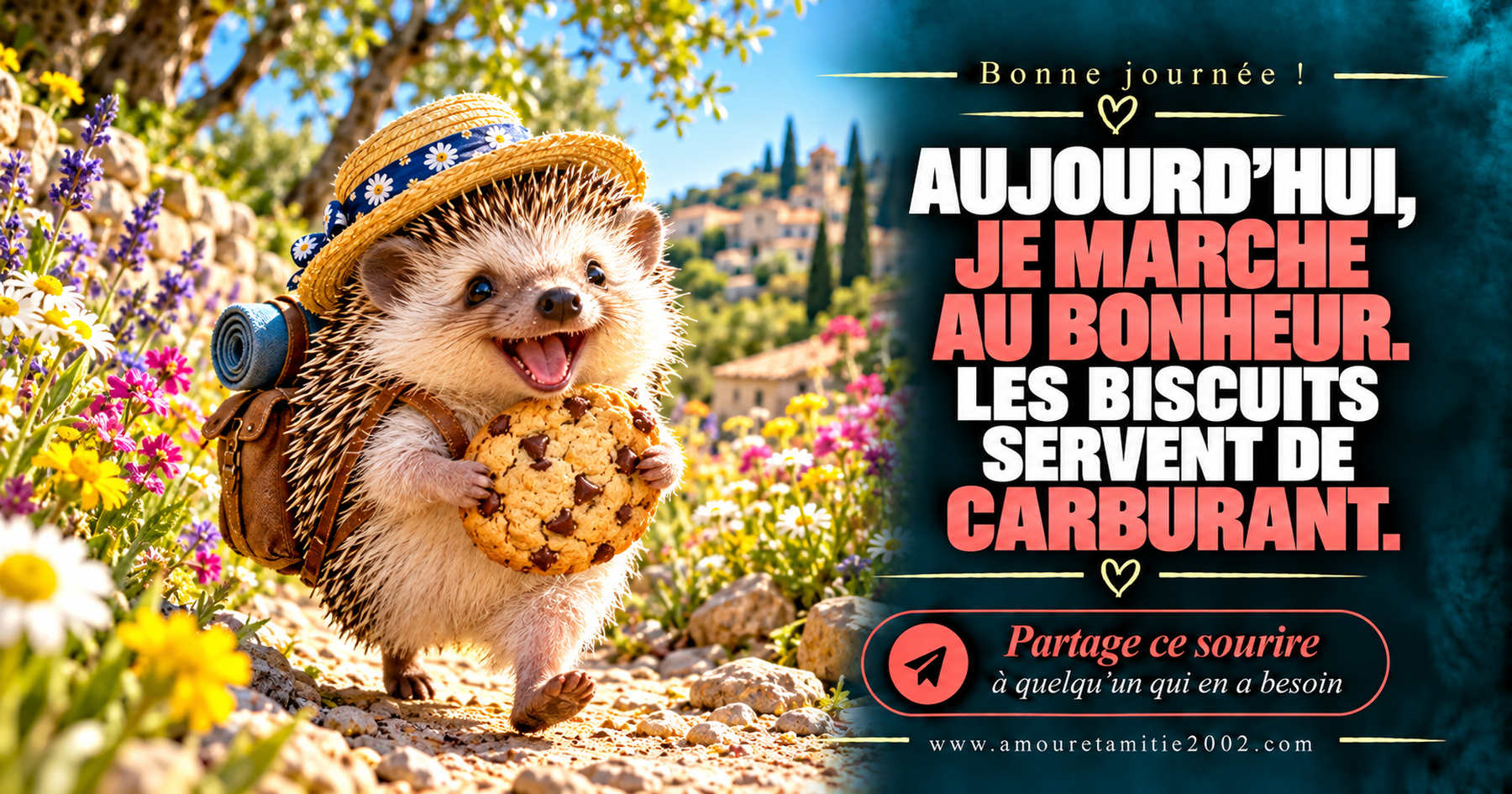 Aujourd’hui, je marche au bonheur. Les biscuits servent de carburant.