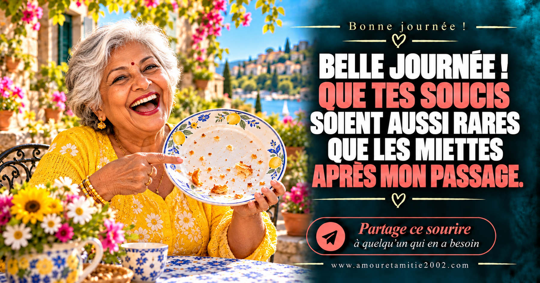 Belle journée ! Que tes soucis soient aussi rares que les miettes après mon passage.