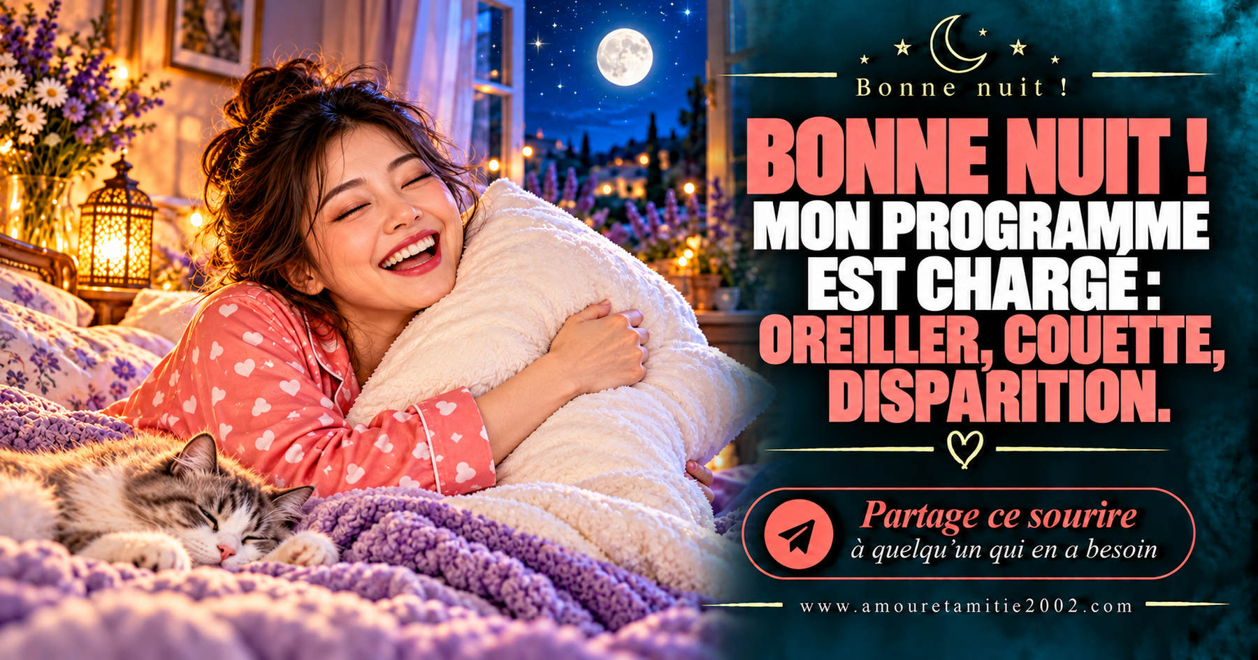 Bonne nuit ! Mon programme est chargé : oreiller, couette, disparition.
