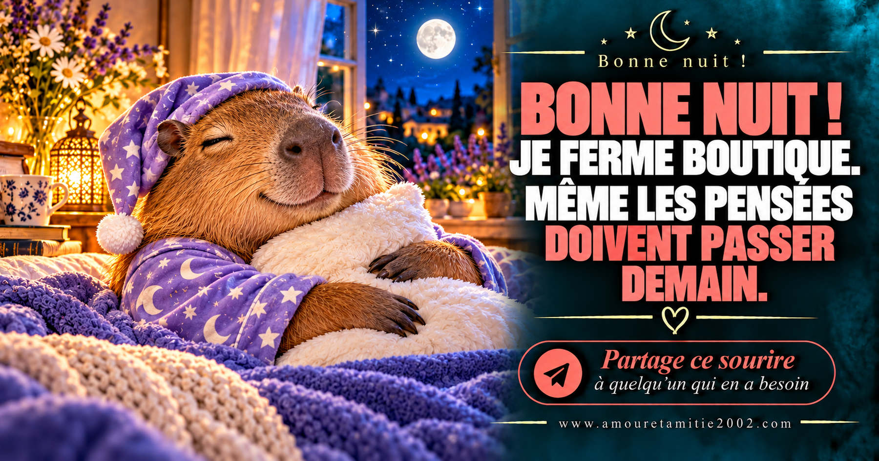 Bonne nuit ! Je ferme boutique. Même les pensées doivent passer demain.