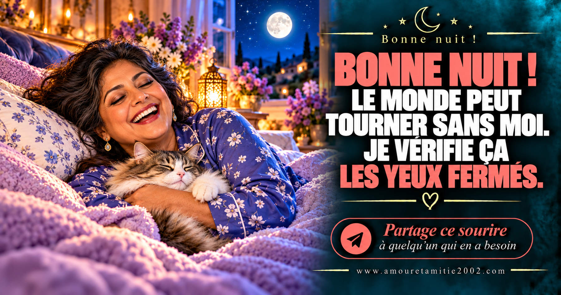 Bonne nuit ! Le monde peut tourner sans moi. Je vérifie ça les yeux fermés.