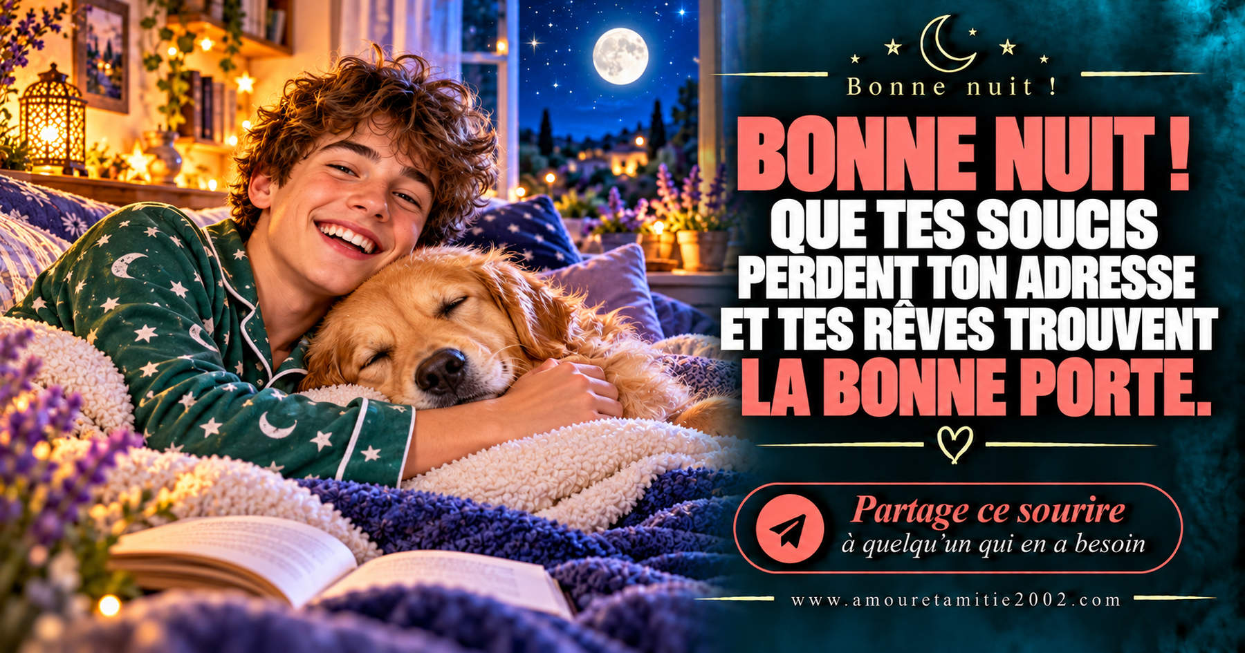 Bonne nuit ! Que tes soucis perdent ton adresse et tes rêves trouvent la bonne porte.